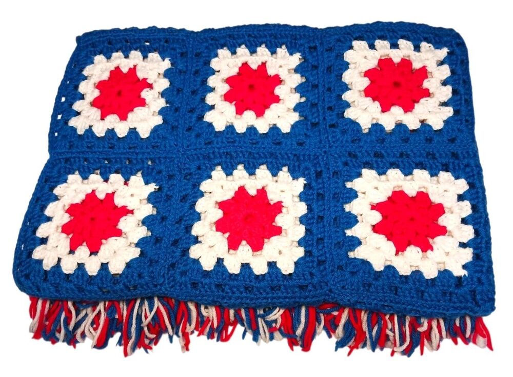 Vintage Hand Crochet GRANNY SQUARE Afghan Throw Blanket PATRIOTIC Red White Blue - Picture 3 of 5